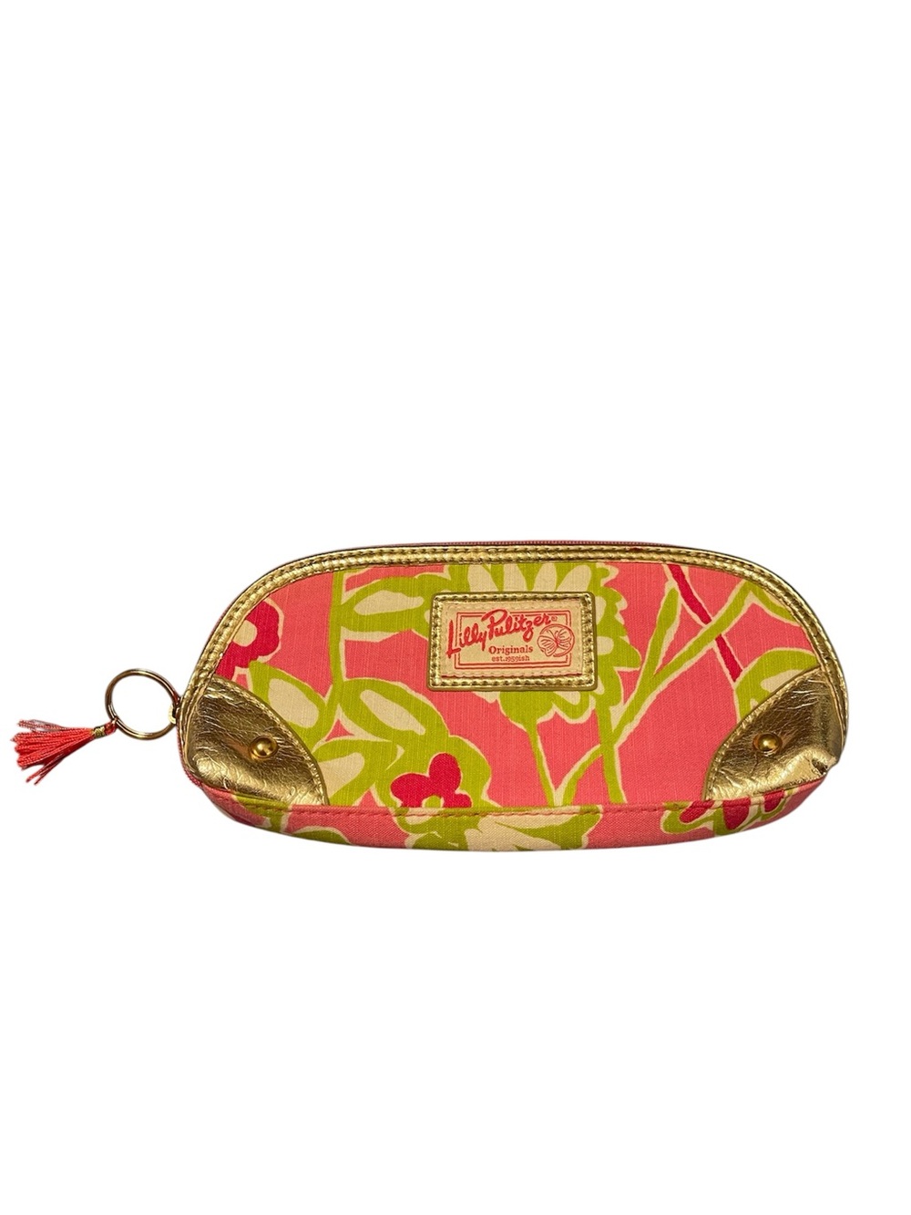 Lilly Pulitzer Pink Green Floral Cosmetic Pouch with Gold Trim